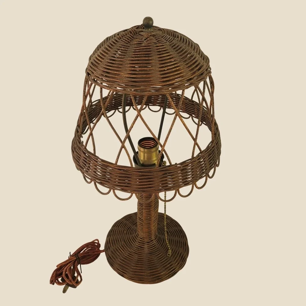Antique Vintage Art Deco Mushroom Wicker Table Lamp Woven Rattan Brown 18
